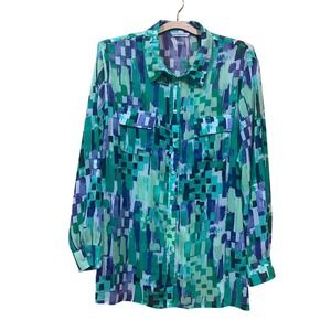Allison Daley Sheer Button Down Blouse Abstract Print L/S Smocked Back Size‎ 16